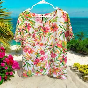 J.Crew Tropical Floral Blouse Pink Orange Green Print Size Large